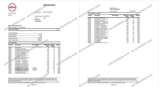 Kenya Absa bank statement Word and PDF template, 2 pages